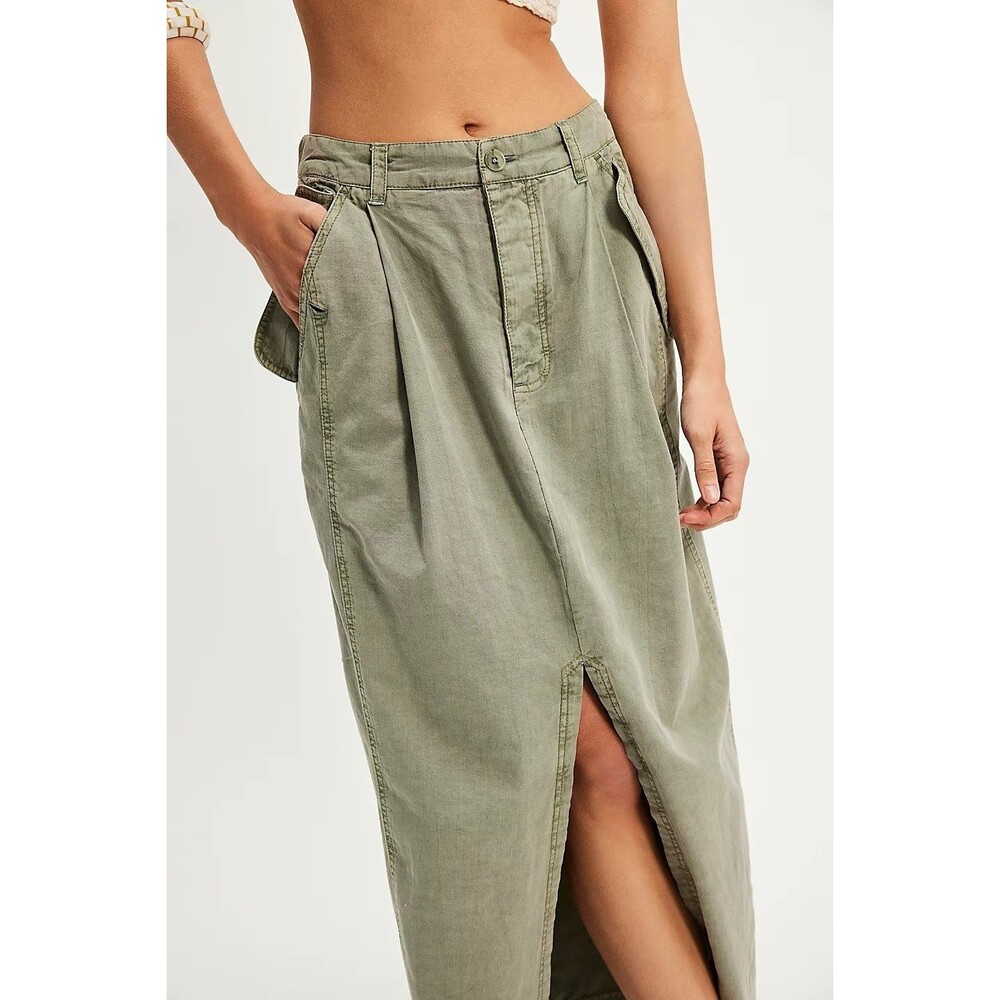 Free People Tybee Maxi Skirt Cargo A-Line Solid Pull On Shadow Army S 285642